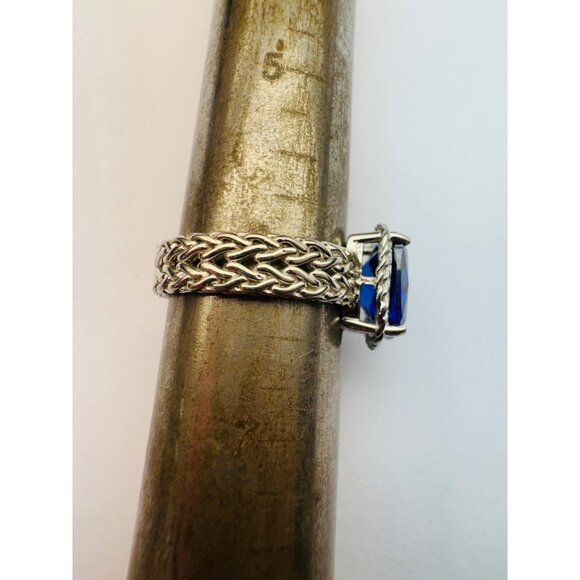 Estate Blue CZ Cushion Cut Ring Rhodium Over Sterling Silver Size 6, 4.9g - Picture 8 of 11